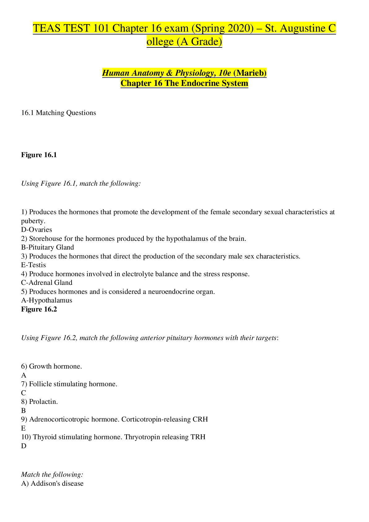 Preview of TEAS TEST 101 Chapter 16 exam (Spring 2020) | Human Anatomy & Physiology_The Endocrine Sys